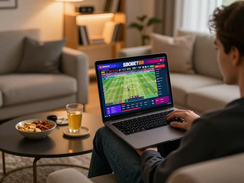 Pengguna SBOBET88 memasang taruhan strategis di sofa yang nyaman dengan laptop