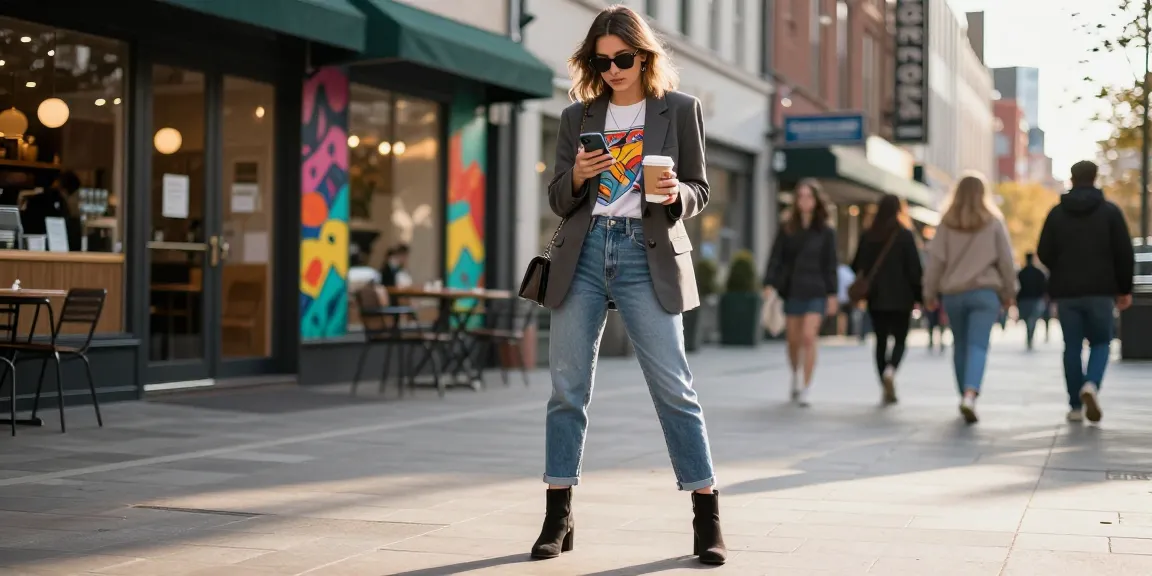 Fashion blog urban scene with stylish outfit and coffee cup in city street.