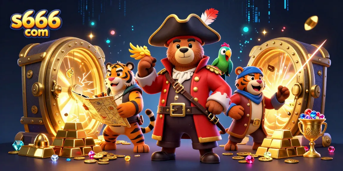 Experience thrilling wins at s666 com with a vibrant casino-themed 3D illustration featuring pirates and treasures.