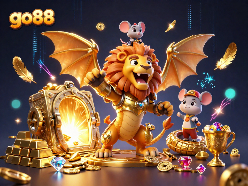 Experience the excitement of go88 with a 3D chimera winning treasures in a vibrant casino scene.