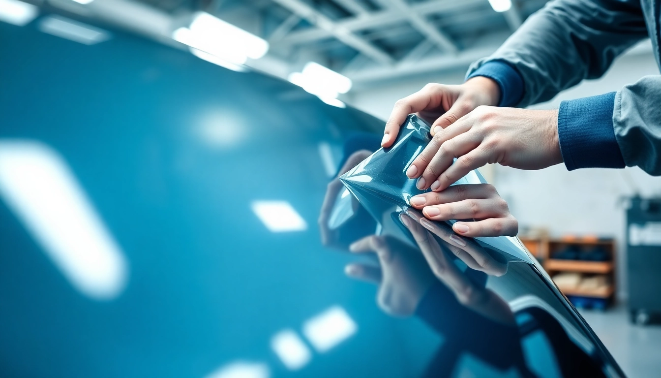 Applying high-quality paint protection film near me on a sleek vehicle in a professional garage.