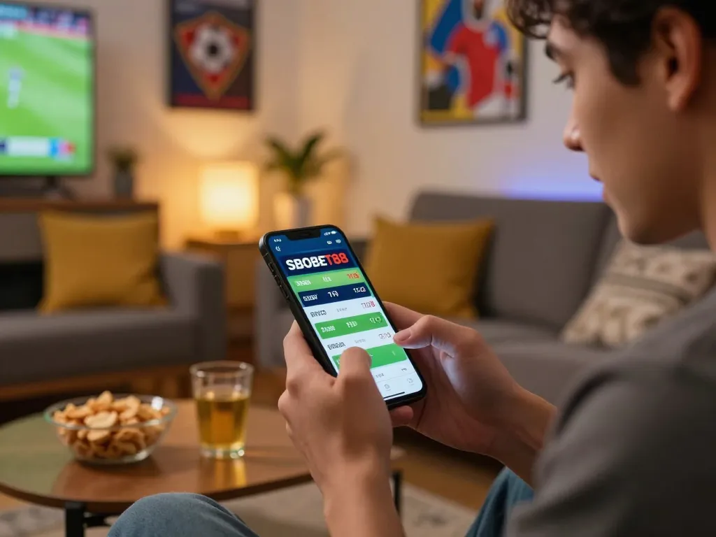 Pengguna SBOBET88 melakukan taruhan olahraga strategis di smartphone dalam suasana nyaman di rumah