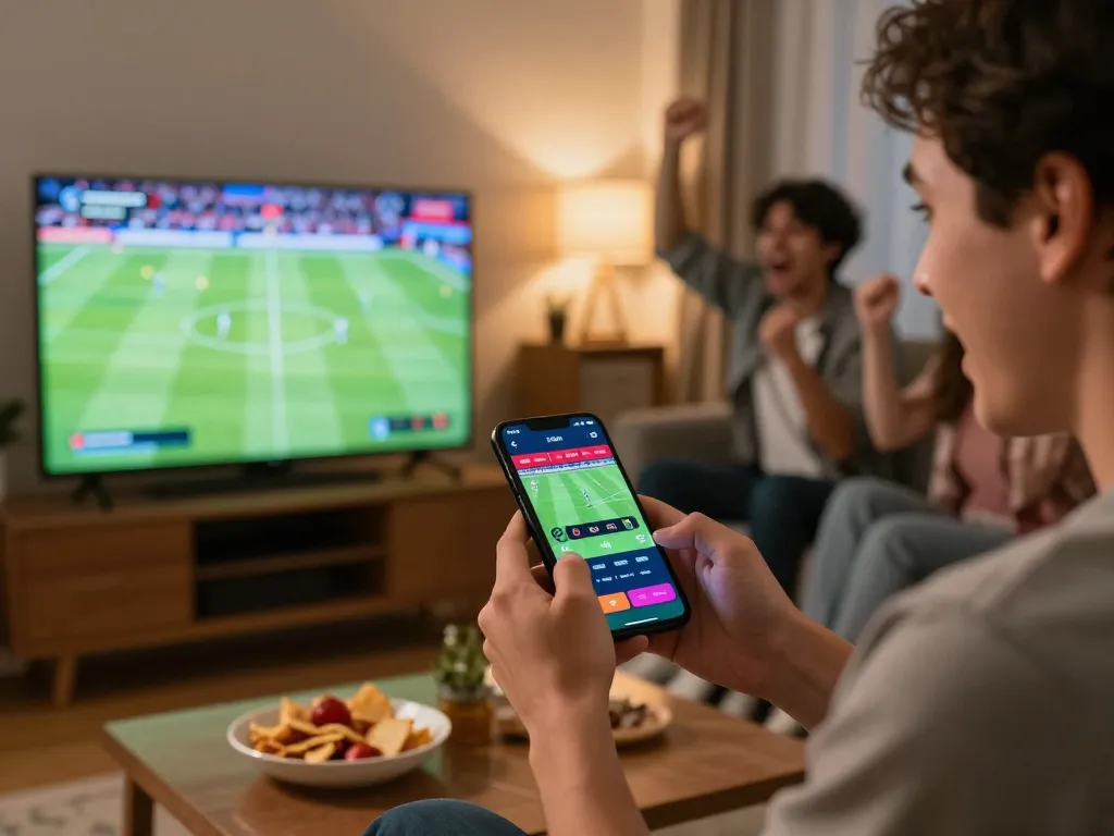 CakhiaTV user placing sports bets on smartphone while watching live football match in cozy setting.