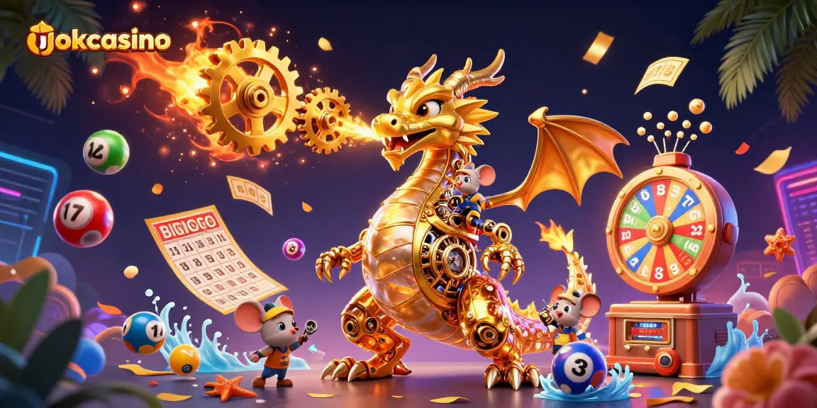 Experience the thrill of jokacasino with vibrant lottery balls, a golden dragon, and exciting game elements.