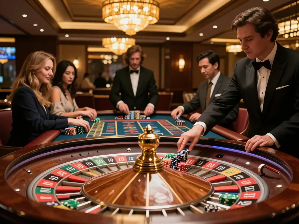 Pemain SBOBET88 memasang taruhan di meja roulette di lounge kasino kelas atas, menunjukkan kegembiraan dan permainan yang dinamis.