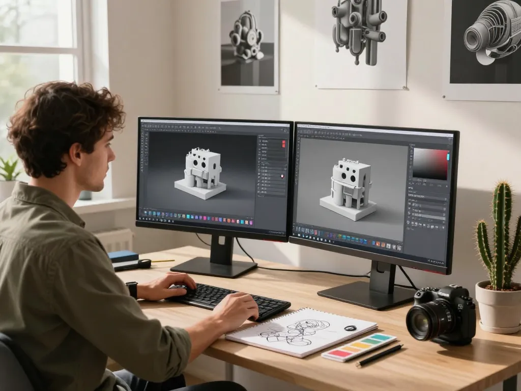 Designer using Image to 3D software in a creative workspace filled with digital art.