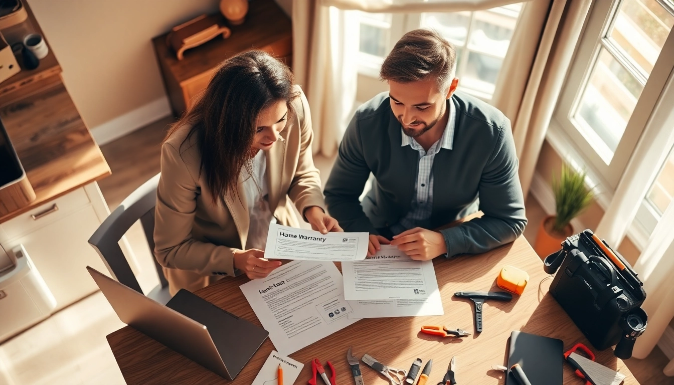 Evaluate home warranty options with a couple discussing documents at their table.