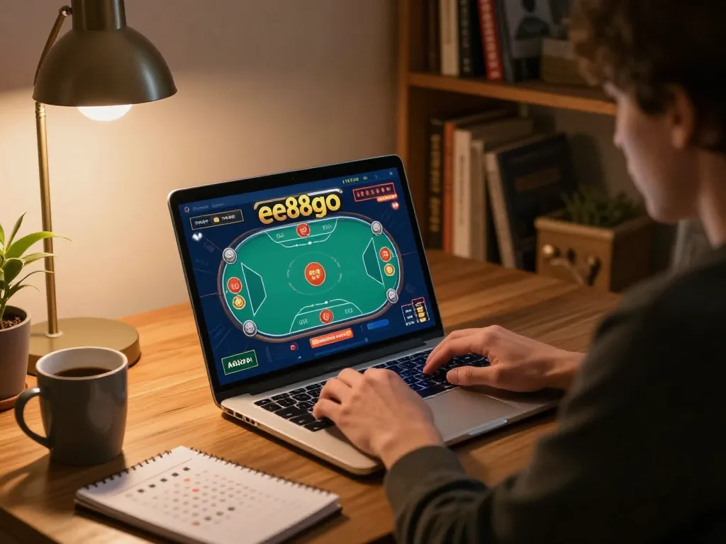 Engaging with the ee88go online casino poker interface at home, showcasing a warm and inviting atmosphere.