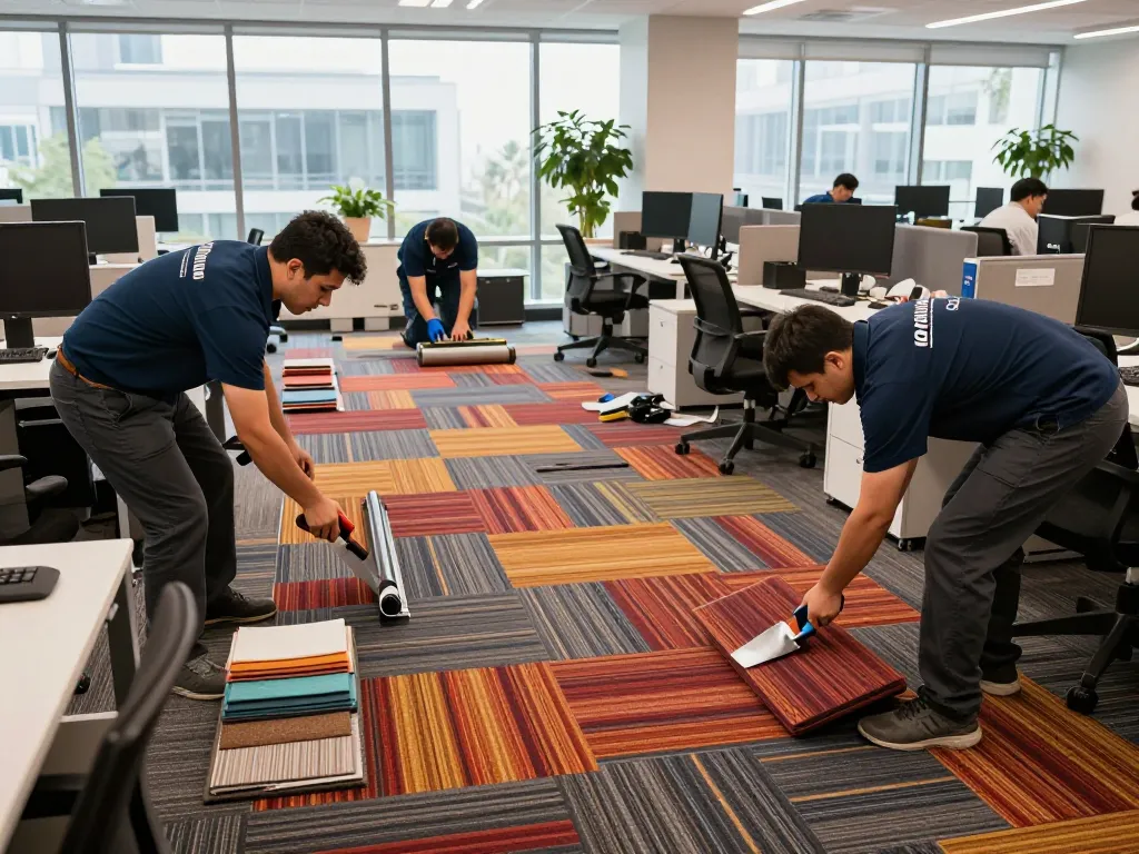 Commercial carpet installation in a modern office with installers at work, showcasing vibrant carpet tiles and professional tools.