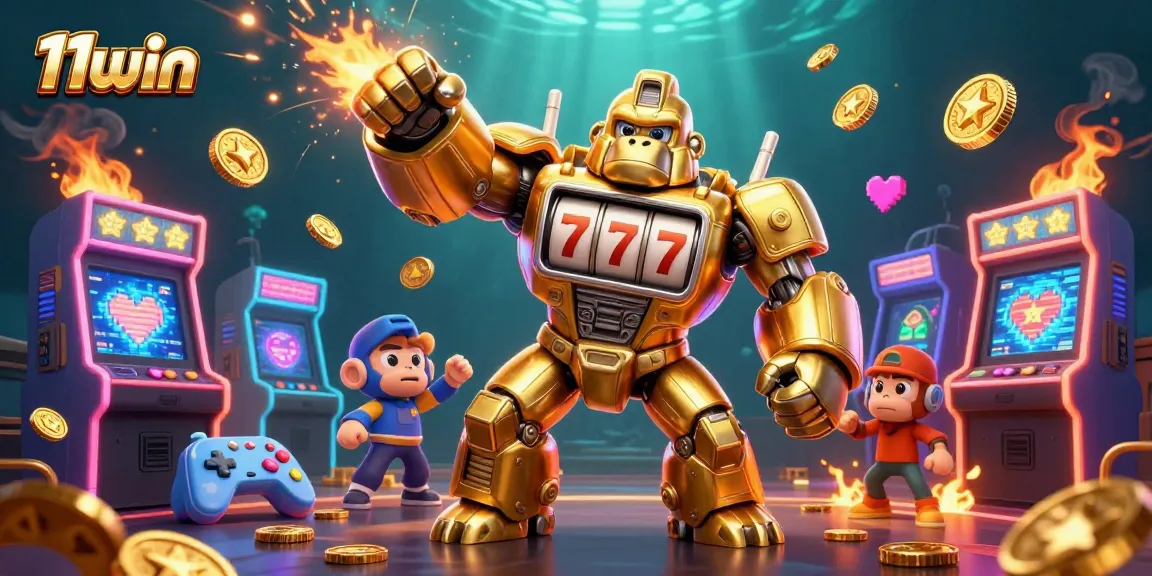 Experience excitement at 11win with the golden gorilla mech celebrating jackpot wins!