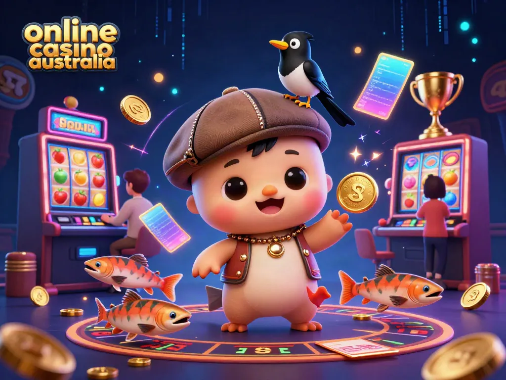 Online casino Australia showcases a vibrant 3D cartoon scene with baby Nessie, a magpie, and salmon amidst slot machine action.