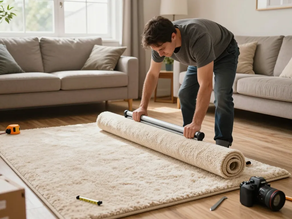 Home carpet fitting services in action as a technician installs new plush carpet in a cozy living room.