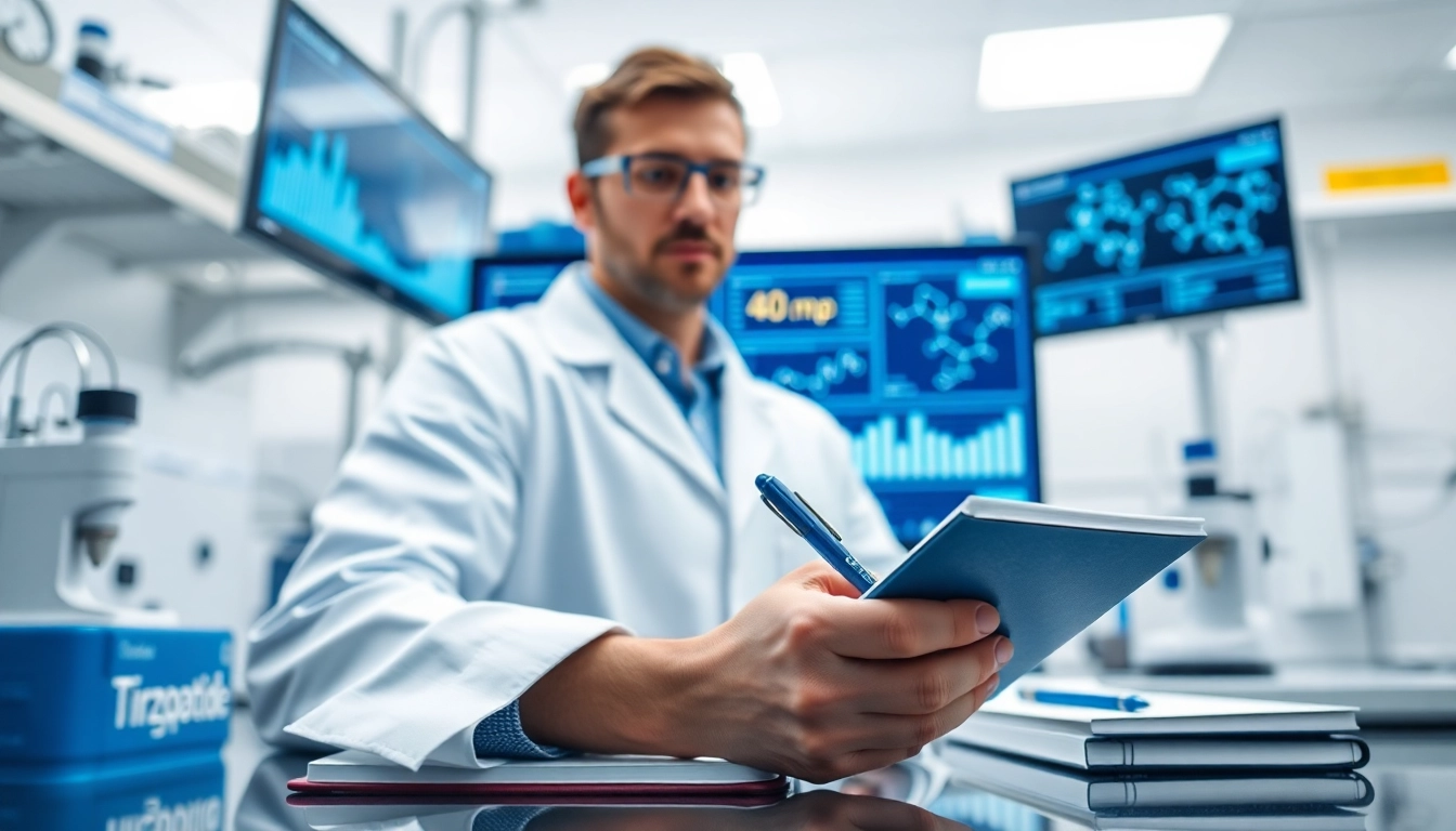 Healthcare researcher studying Tirzepatide data in a modern laboratory environment.