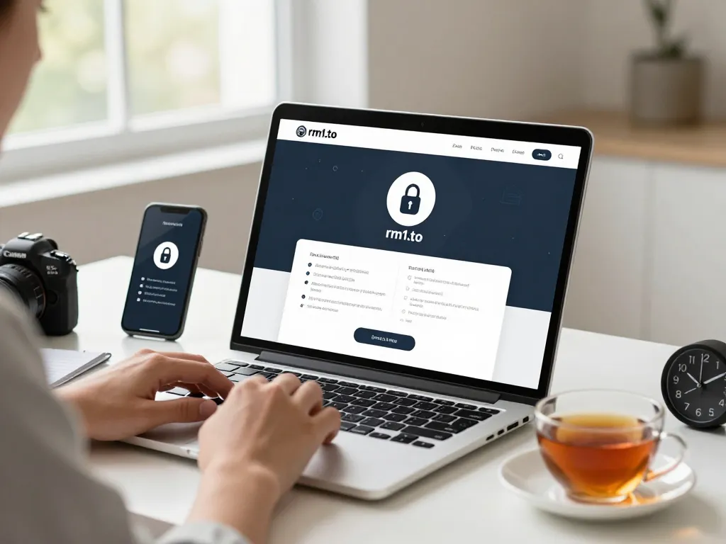 User accessing the rm1.to login page on a laptop in a secure workspace, emphasizing online safety and user-friendly design.