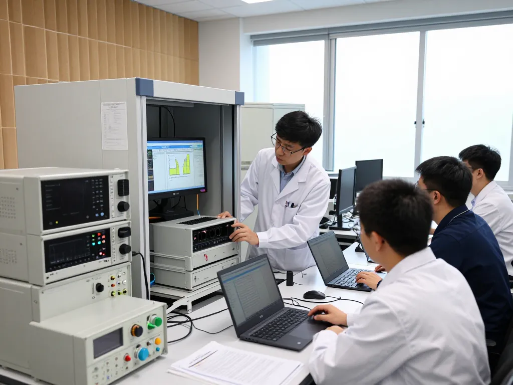 Engineers conducting EMC testing for FCC certification in a modern lab.