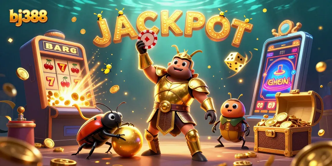 Explore thrilling wins at bj388 with a victorious beetle lifting a poker chip among vibrant casino elements.