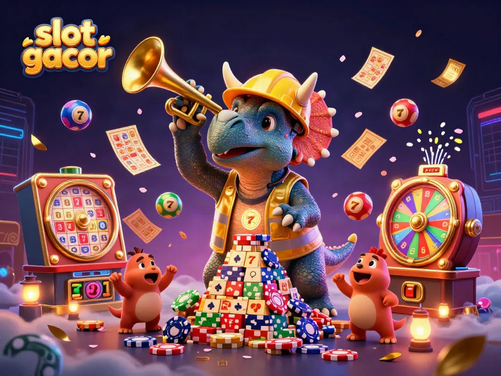 Menghimpun keberuntungan di slot gacor dengan simbol jackpot, karakter kartun, dan dekorasi penuh warna.
