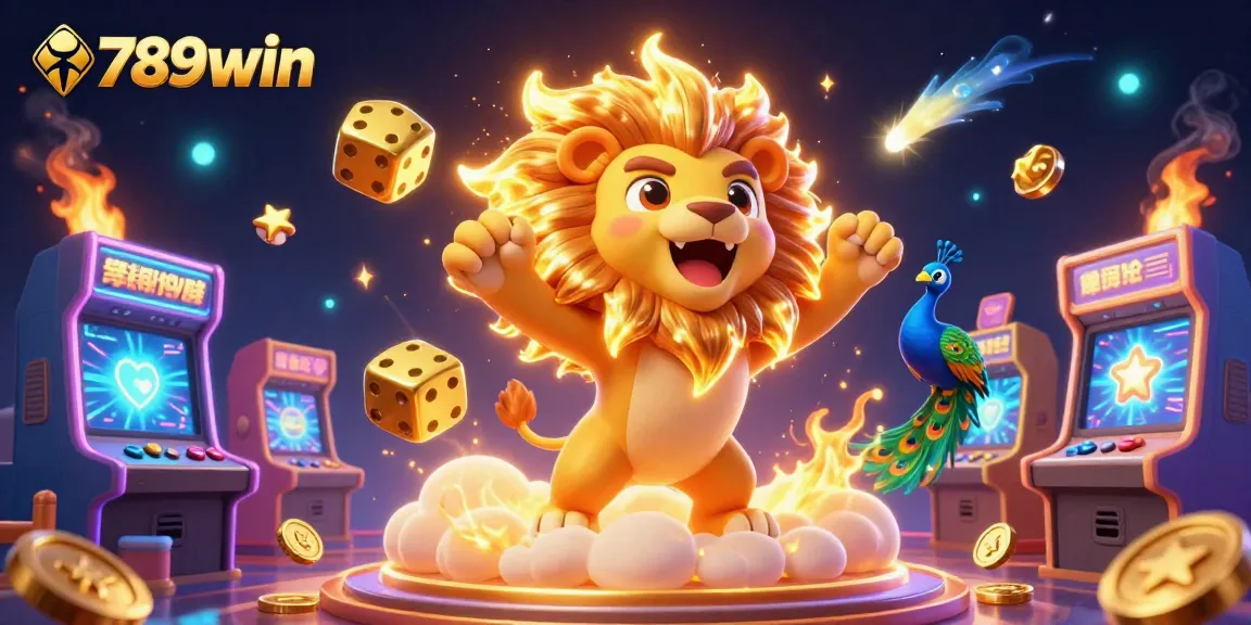 Engage with thrilling games at 789win's vibrant 3D casino illustration featuring a cartoon lion, dice, and gaming elements.