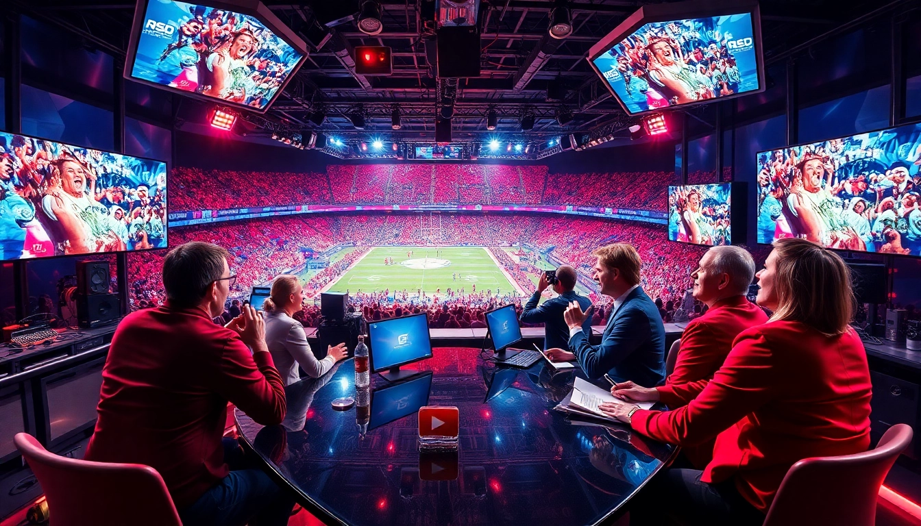 Engaging scene of Sports Broadcasting with hosts, monitors, and cheering fans in vibrant studio.