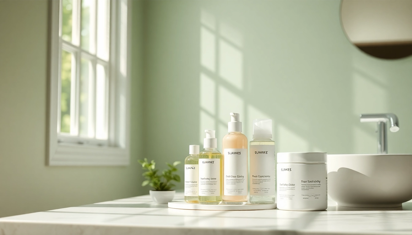 Microbiome friendly skincare products displayed in a serene bathroom setting, emphasizing natural ingredients.