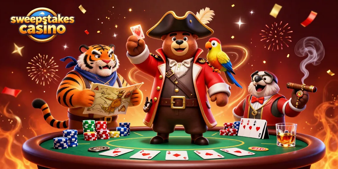 Engage in sweepstakes casino excitement with a pirate bear, tiger, and vibrant poker scene.