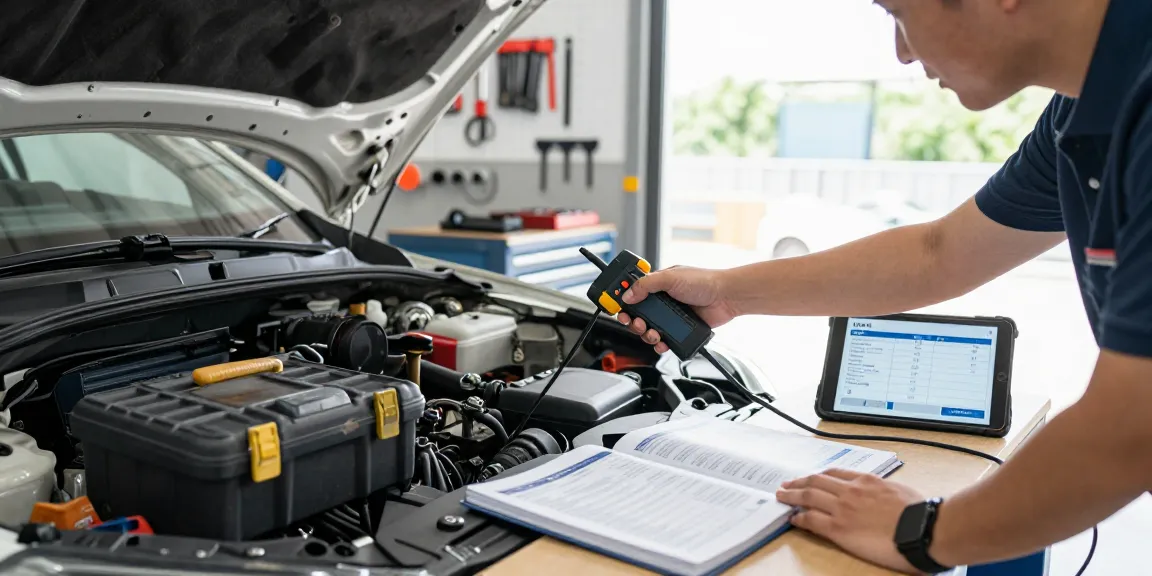 Inspecting a vehicle's engine with a diagnostic tool, highlighting VIN history report insights.