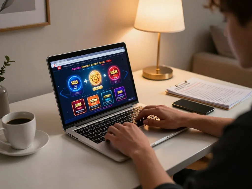 Xoilac online gaming experience with person strategizing while playing on a laptop, showcasing immersive gameplay.
