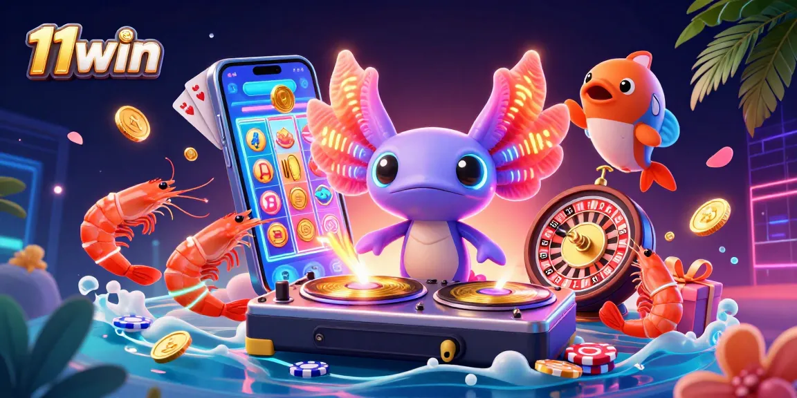 Experience the excitement of 11win with a vibrant 3D casino scene featuring a neon axolotl DJ and dancing sea creatures.