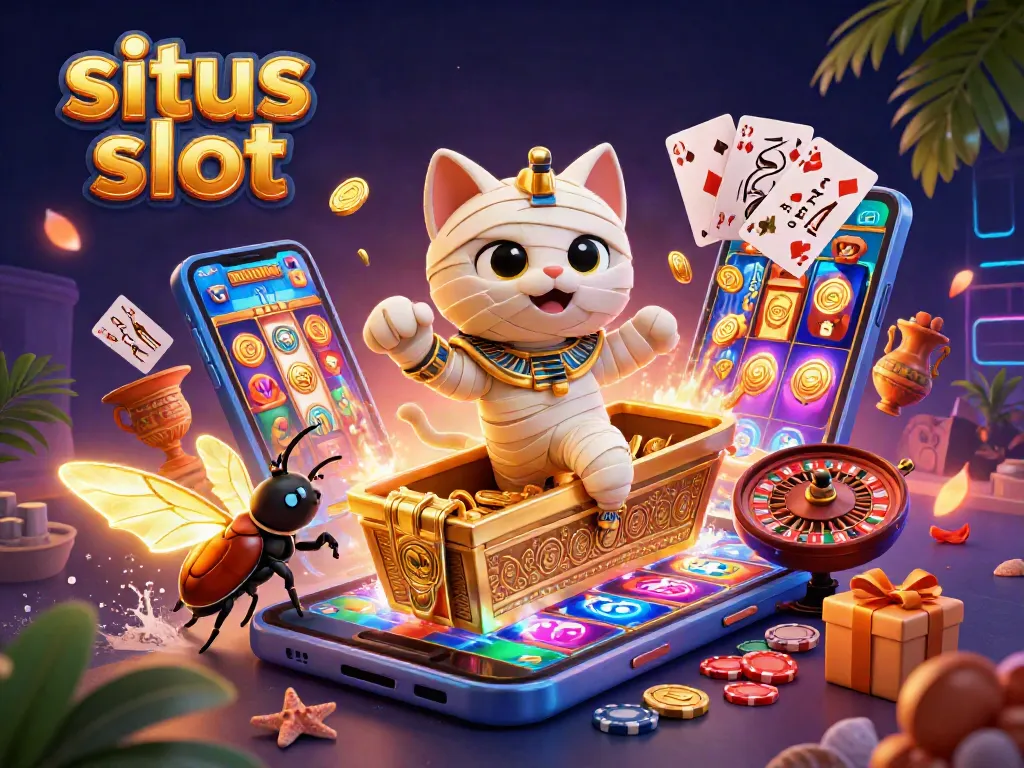 Spin and win on situs slot with a vibrant 3D illustration featuring a mummy cat and glowing scarab!