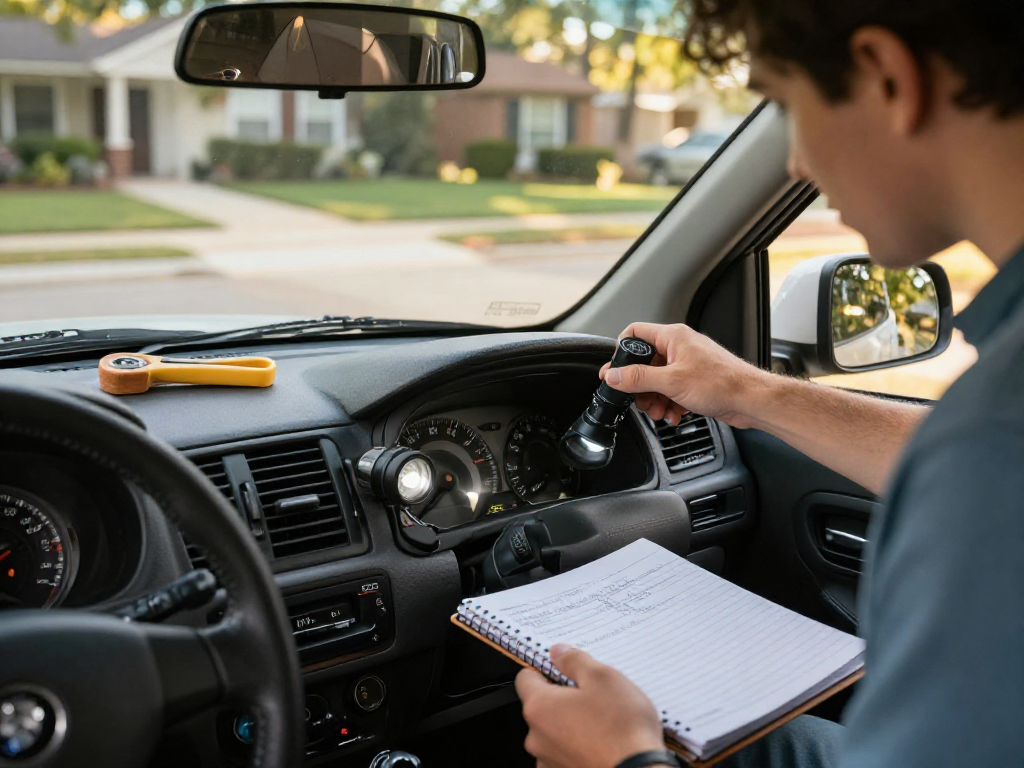 Inspecting vehicle's VIN with carfax vin finder from dashboard, warm suburban atmosphere.