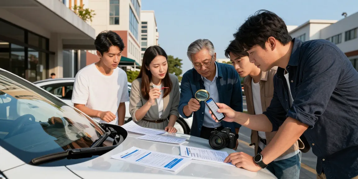 Group discussing a car history report, showcasing an HPI check alternative in a vibrant urban setting.