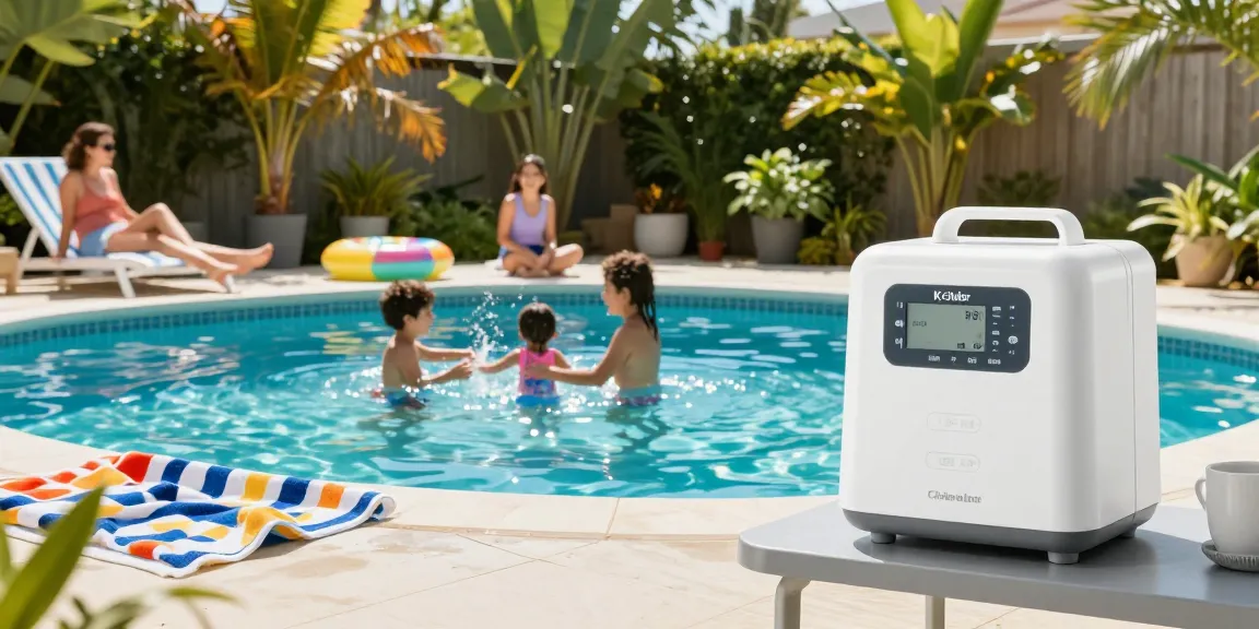 The best chlorinator for inground pools, a K-Chlor Digital Gold Series, beside a family enjoying a sunny pool day.
