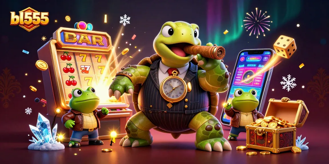 Experience explosive wins at bl555 with a vibrant 3D illustration featuring a mobster turtle and casino elements.