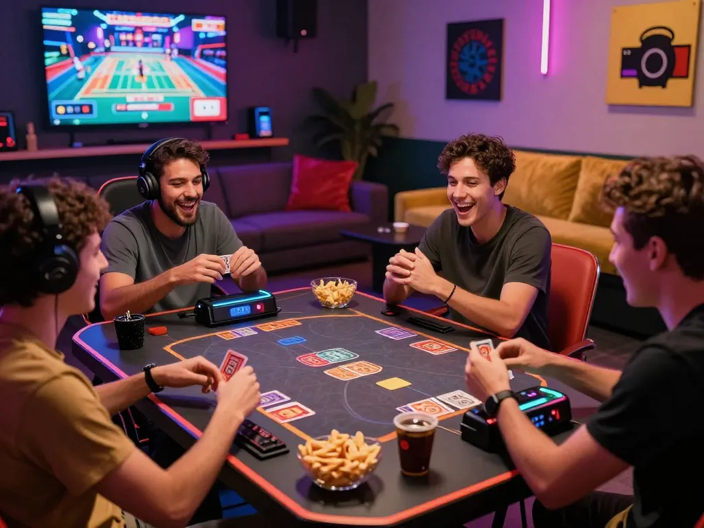 Friends enjoying card games at a vibrant rikvip gaming lounge with modern decor and tech.