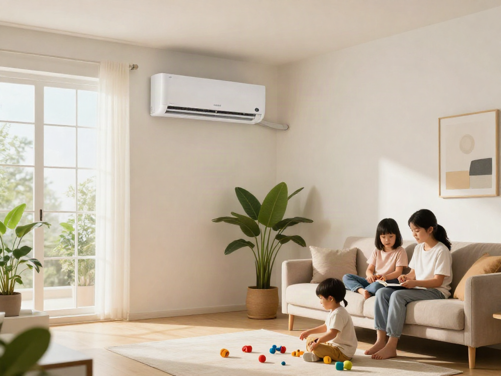 Cozy living room with a 2400 btu mini split cooling system while family enjoys quality time.