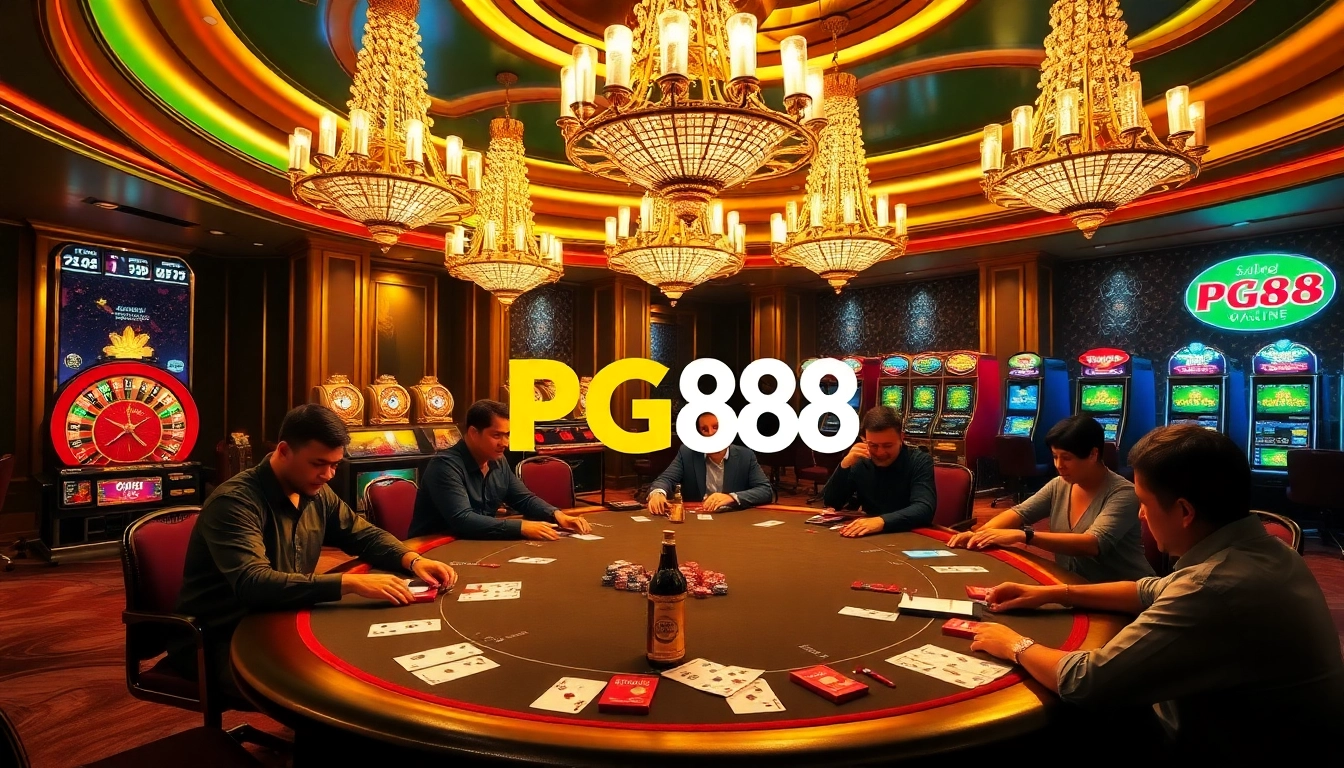 Experience the excitement of PG88 casino with players engaged at a poker table adorned with vibrant lights and chips.
