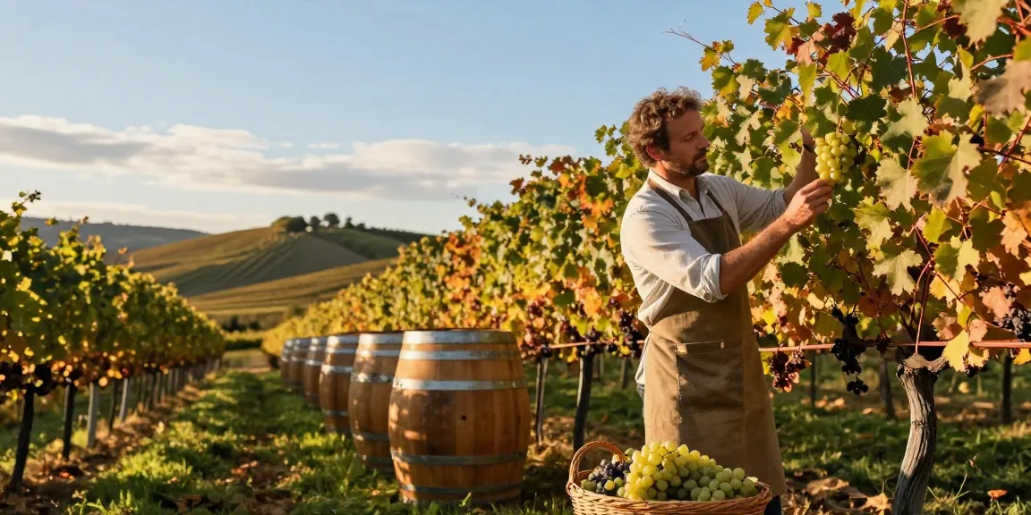 Chattoowines expert inspecting grapes under warm sunset light in vineyard