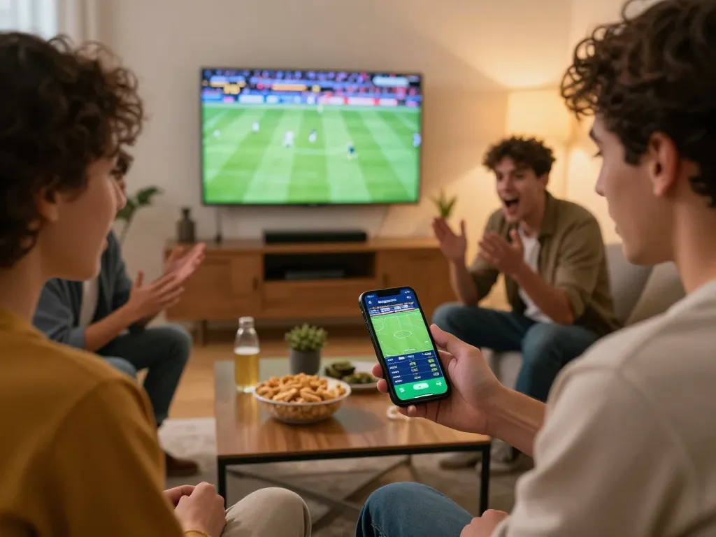 Penggemar olahraga yang terlibat menggunakan aplikasi seluler untuk Judi Bola, dikelilingi oleh teman-teman di ruang tamu yang nyaman.