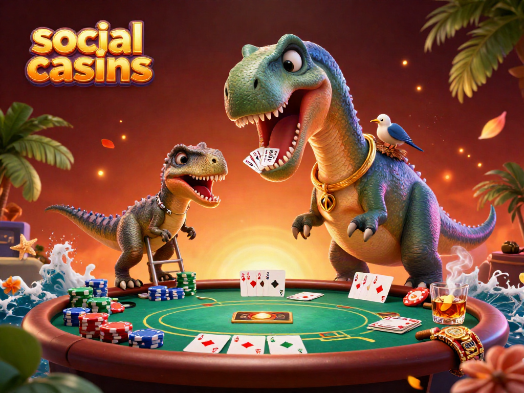 Engage with social casinos featuring a playful scene with a brontosaurus and raptor dealer at a poker table.