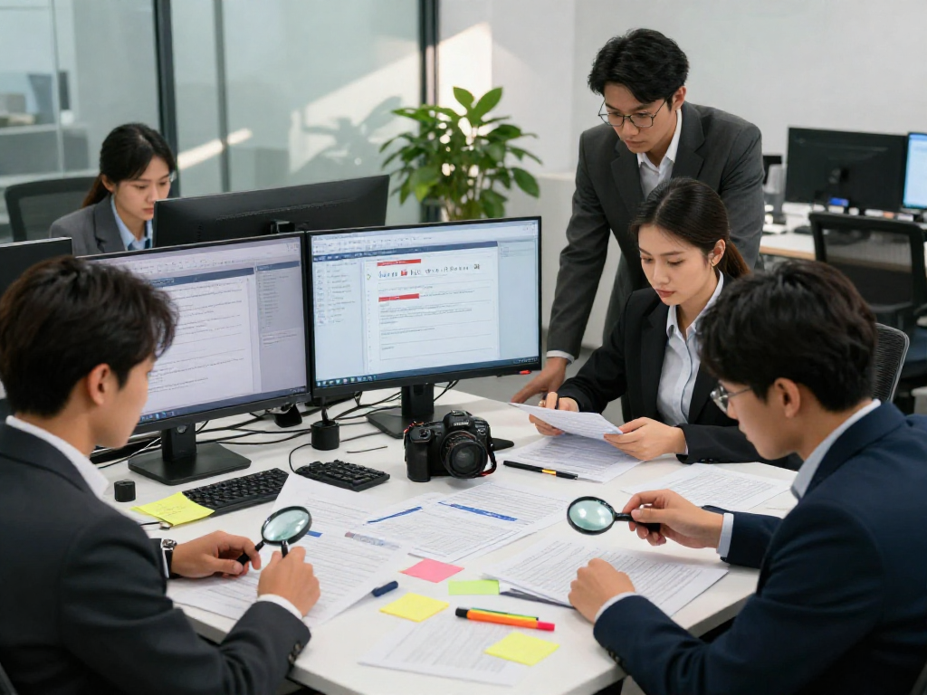 Professionals engaged in document fraud detection analysis with data on monitors.