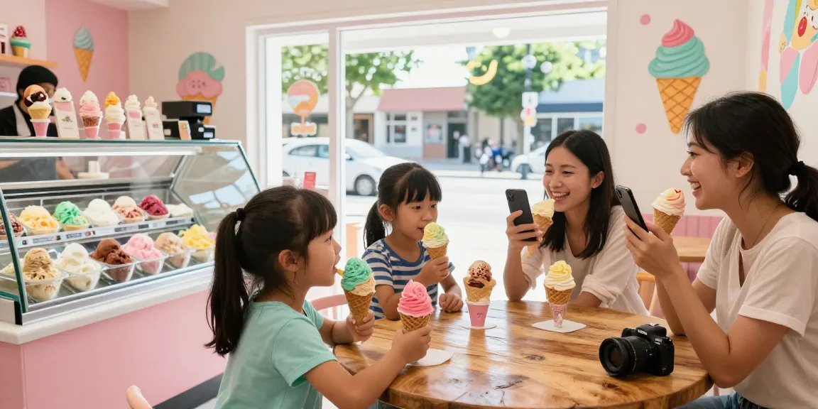 Enjoying unique ice cream flavors at ROKOK88SUPER's vibrant shop, capturing joyful family moments.