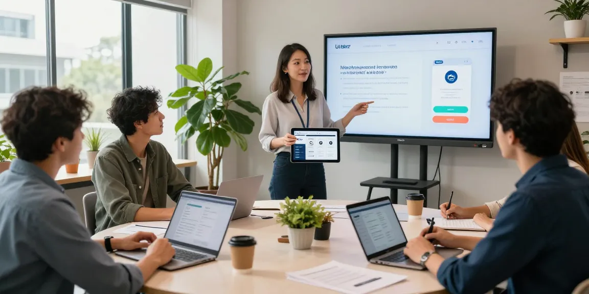 Team collaborating on an Uber-like service booking platform project in a modern office, showcasing digital tools and engagement.