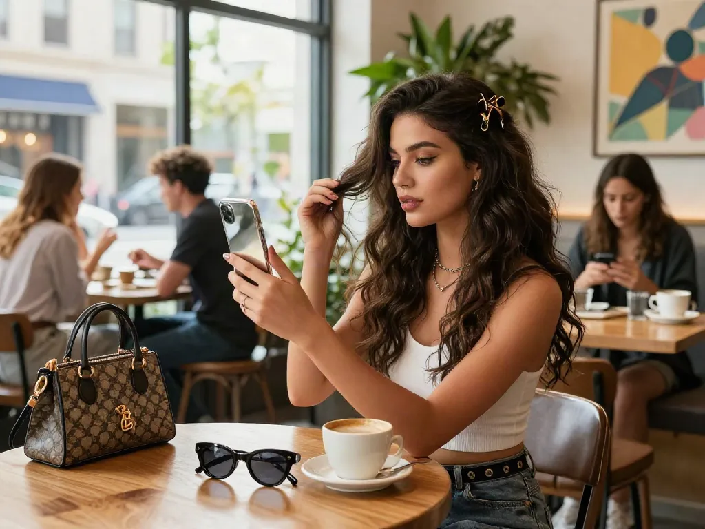 Young woman showcasing genius clip in hair extensions human hair in trendy urban café setting, highlighting style and confidence.