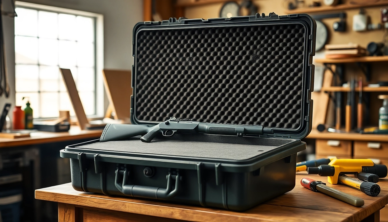 Pelican gun case for sale featuring rifles and rugged foam inserts in a bright workshop.
