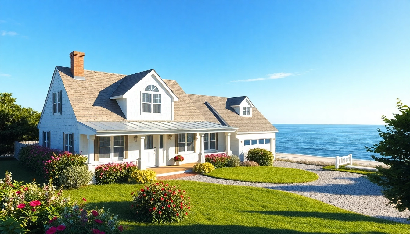 Stunning exterior of cape cod homes with beach views and attached garage.