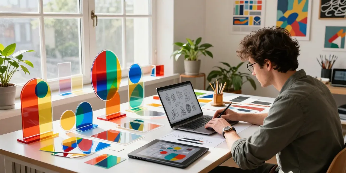 Vibrant workspace with colorful custom acrylic stands showcasing creative design process