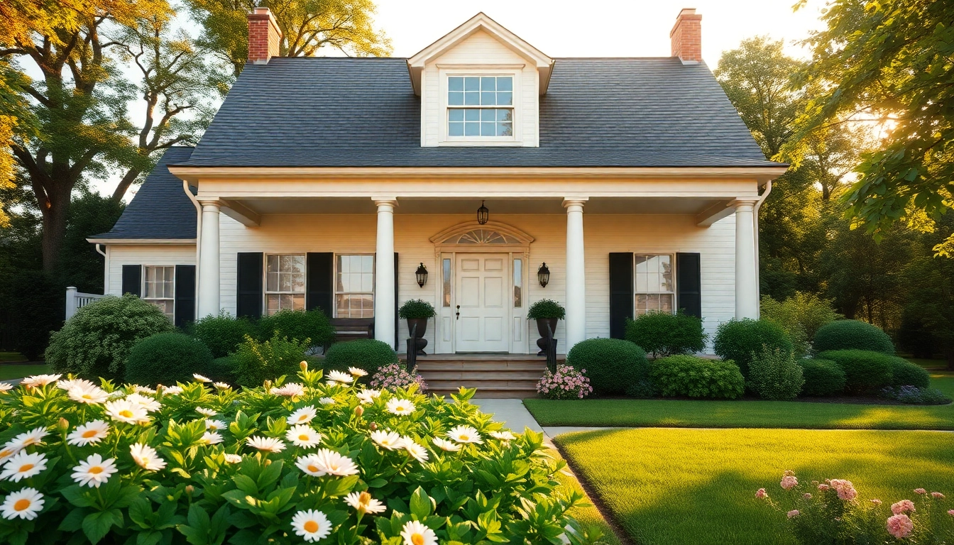 Colonial home construction featuring symmetrical architecture with classic columns and inviting garden.
