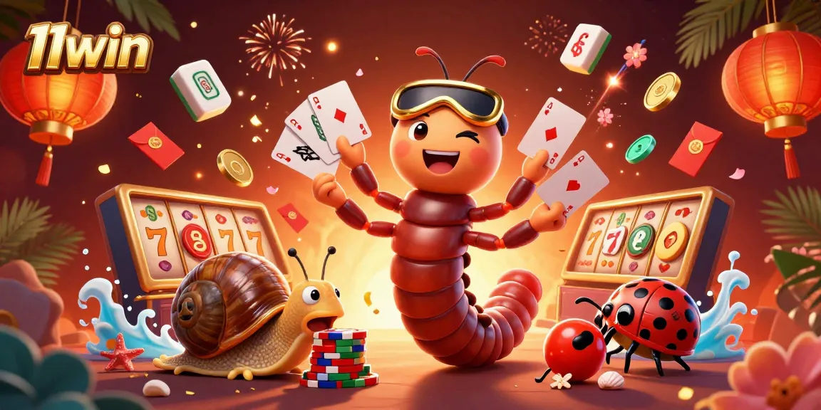 11win showcases a lively casino scene with a cartoon millipede dealer and vibrant game elements.