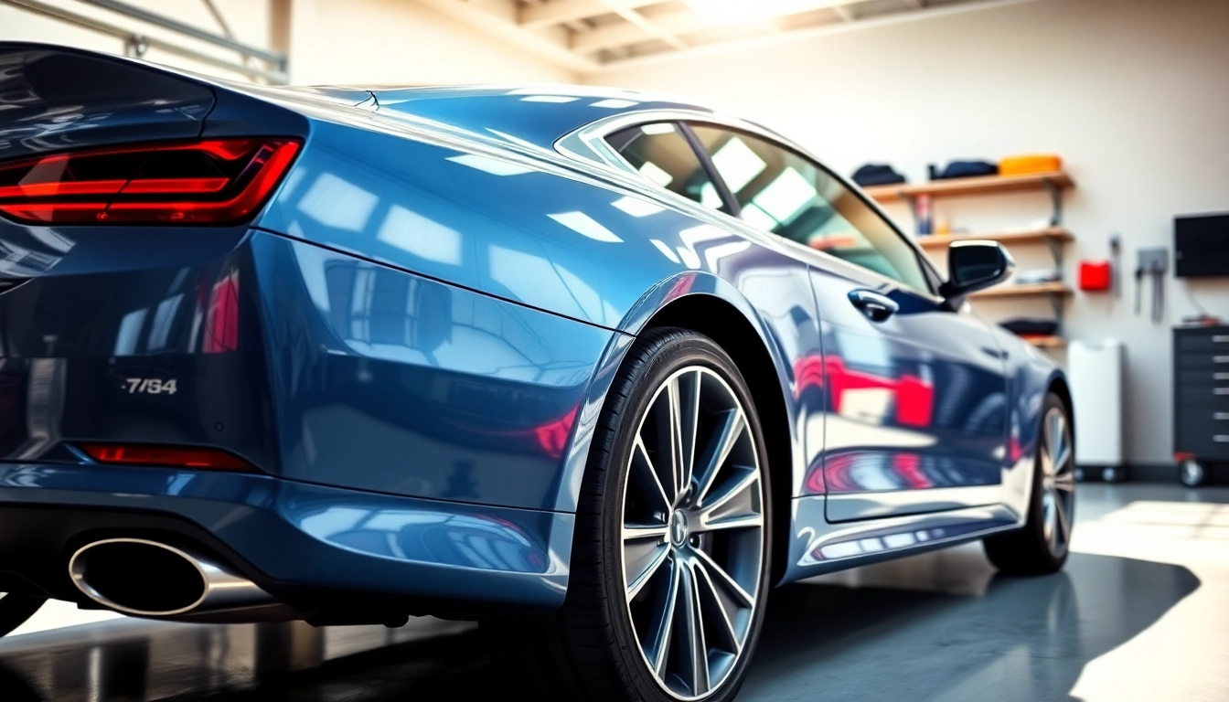Showcasing salt protection ceramic coating on a gleaming car in a professional detailing garage.