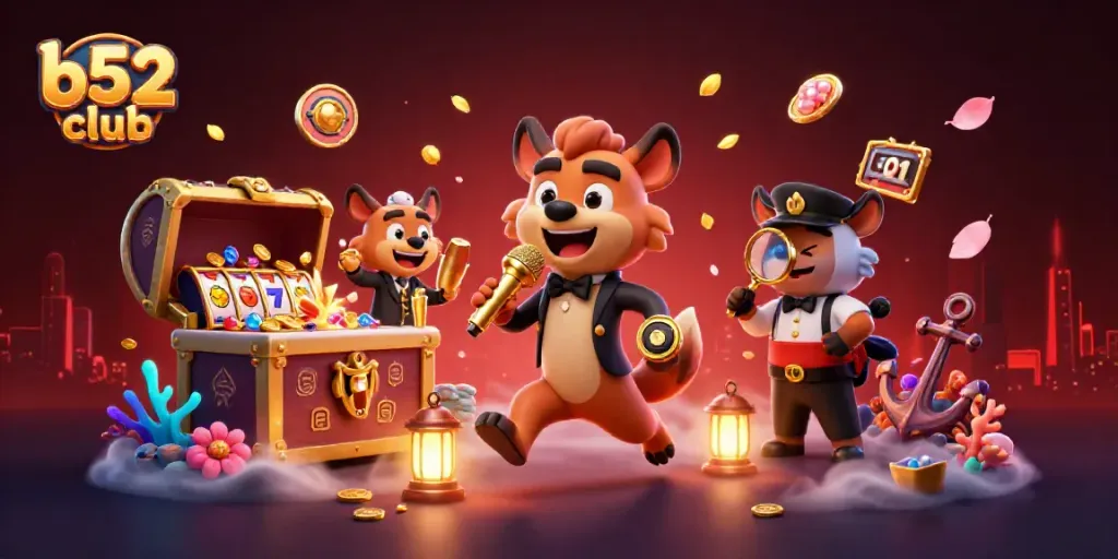 Game and win at the b52 club with hyenas in a vibrant casino scene featuring slots and golden treasures.